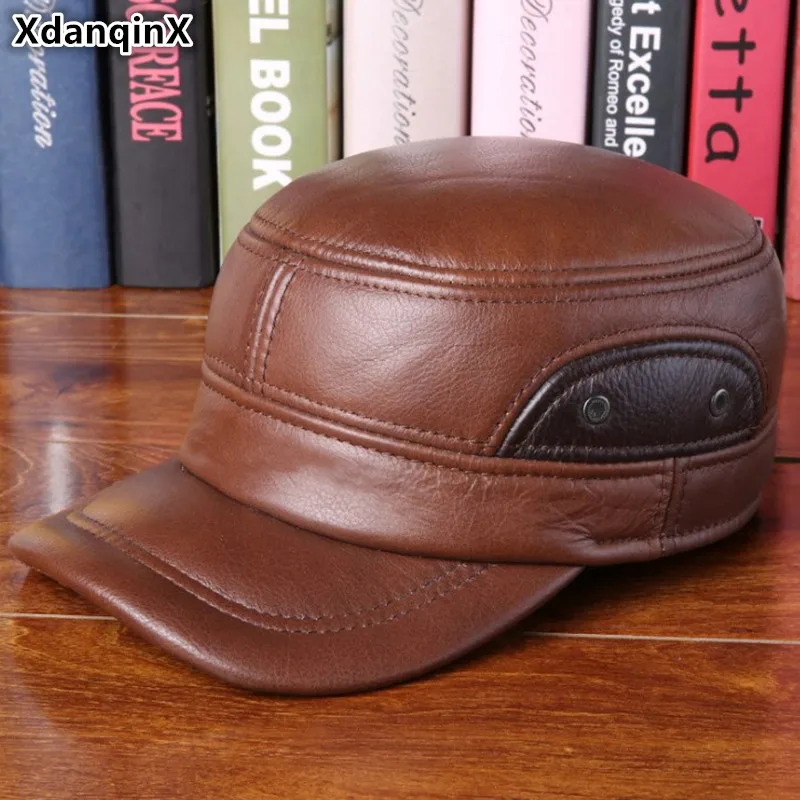 

XdanqinX Genuine Leather Hat Men's Flat Cap Military Hats Autumn Winter Cowhide Warm Earmuffs Hat Adjustable Size Brands Caps