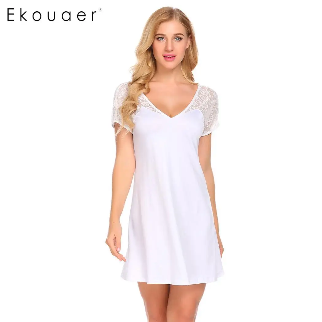 Ekouaer Night Dress Sleepwear Women Deep V Neck Short Sleeve Mesh Patchwork Backless Cross Sleep Dress Nightgown Sleepshirts