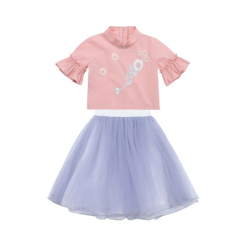 

Trend Girl Dress Hanfu Children's Clothing 2019 Summer New Girls Embroidery Flower Skirt Tang Suit Girl Republic Costume Set