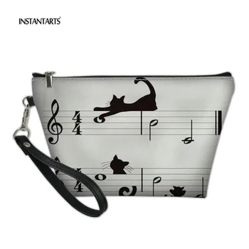 

INSTANTARTS Luxury Women Travel Cosmetic Bags Kawaii Animal Cat with Music Note Pattern Women's Storage Make Up Bag Pouch Cases