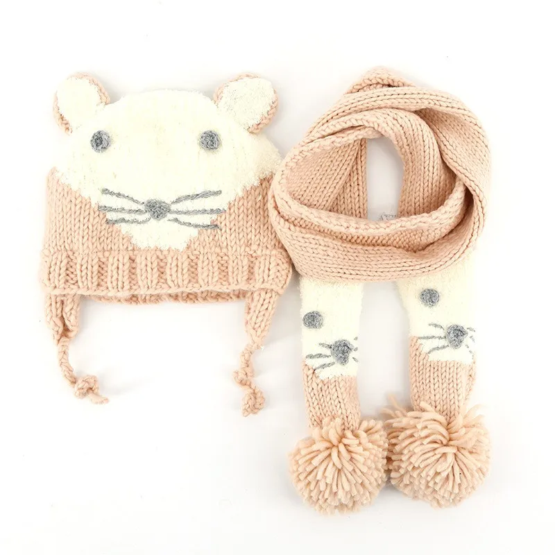 Новая модная детская шапка шарф зимние детские шапочки вязаная крючком для девочек, для мальчиков Теплый детский набор из шапки и шарфа вязаные детские шапочки для шапки для детей - Цвет: Pink cat