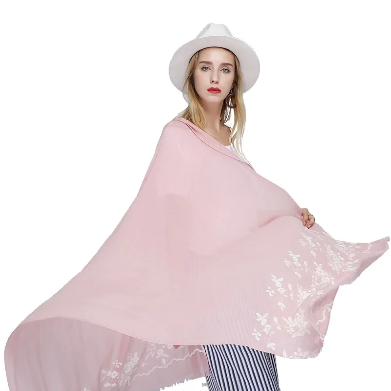 

VISROVER New Summer Scarf for Women Flower Embroidery Scarf Bohemian Ethnic Print Hijab Scarf Luxury Brand Cotton Shawl Poncho