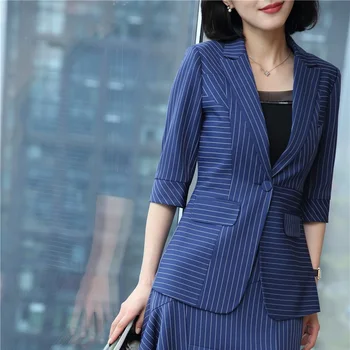 

2018 Fashion Striped Half Sleeve Formal Blazers Coat Female Tops Outwear Jackets Uniform Designs Business Work Wear Clothes