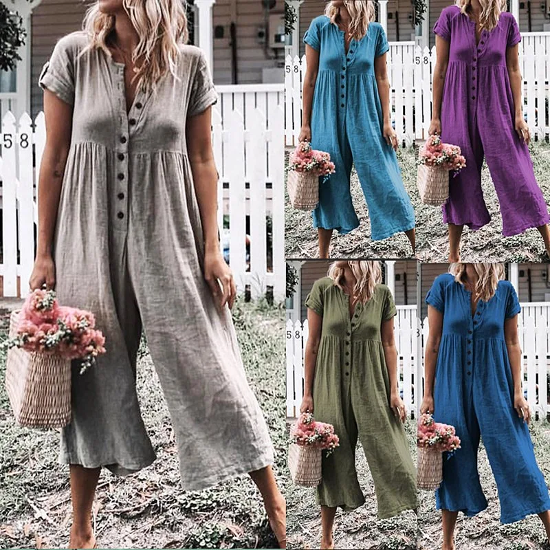 

Casual Summer Grey linen playsuit Women white button pockets beach rompers Loose short sleeve jumpsuit overalls 2019
