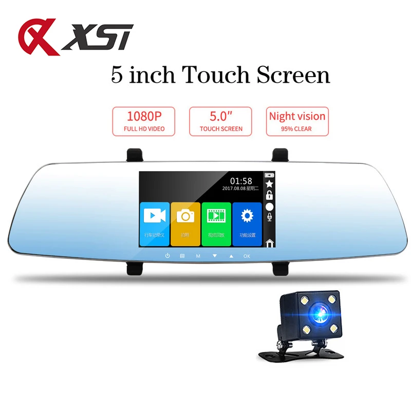 XST Full HD 1080P 5-дюймовый видеорегистратор камера заднего вида зеркальный сенсорный