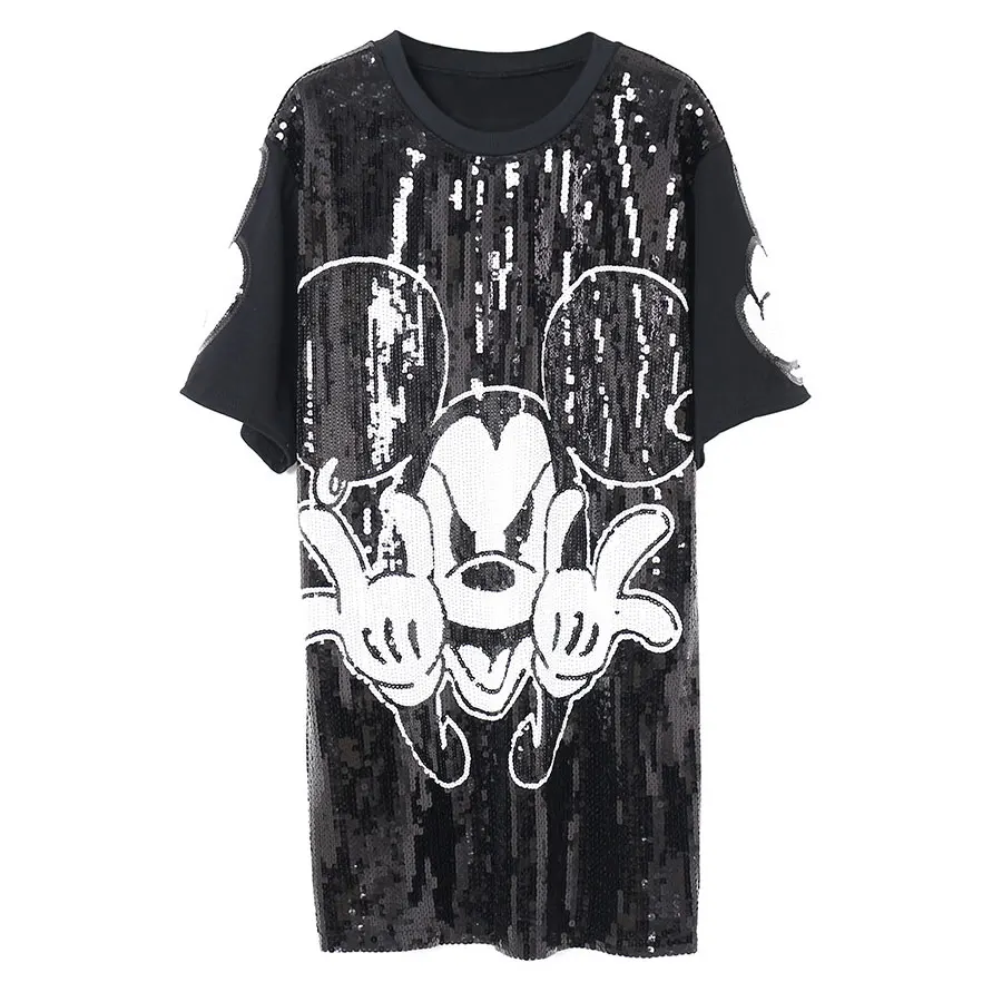 Günstig 2019 Punk Stil Pailletten Cartoon T shirt Kleid Frauen T Shirts Lose Kleid Sommer T Shirts Vestidos Schwarz Tops für Frauen tees High