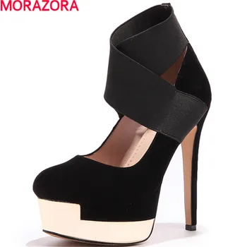 

MORAZORA High heels shoes women flock round toe lace up pumps platform shoes party wedding fashion shoes shallow size 34-39