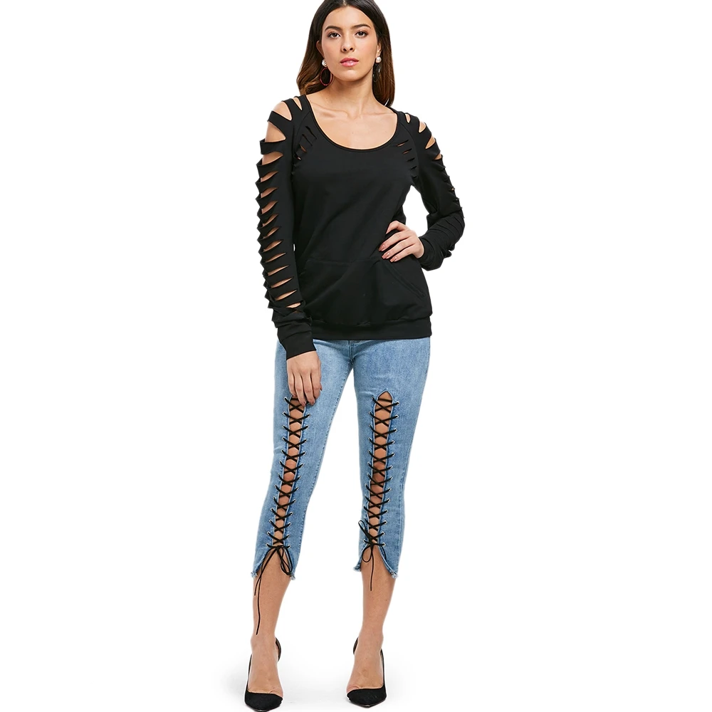 

Shredded Sleeve Scoop Neck Sweatshirt