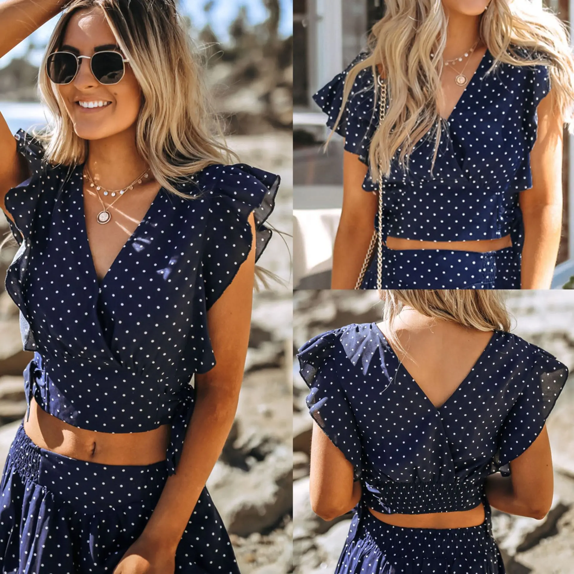 

2019 Hot Selling Sexy Womens Low Cut Polka Dot Printed Ruffled Women Crop Tops Sexy Butterfly Sleeve Women Tops Sexy Tops Women