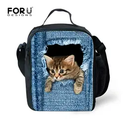 Forudesigns/милые дети животных Denim Cat печати Пикник Сумки для обедов Утепленная одежда Термальность утепленная Еда Сумки детей lunchbag