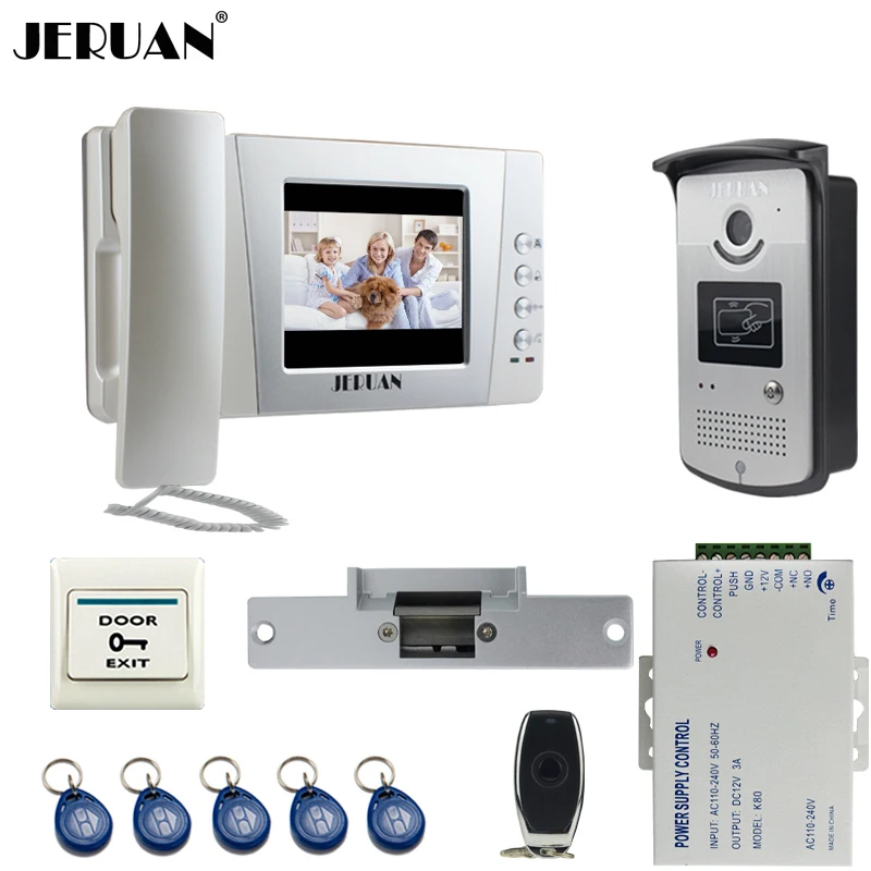 

JERUAN Home wired 4.3 inch Video Door Phone Entry intercom System Kit +700TVL RFID Waterproof IR Night vision Camera +power