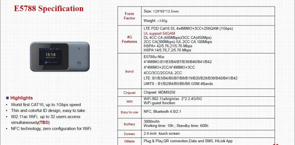 Разблокированный беспроводной маршрутизатор huawei E5788 4G 4G + 5G CA-LTE: b1/B3/B4/B5/B7/B8/B19/B20/B28/B38/B40/B41/B42 Cat16 1 gbmps mifi-модем