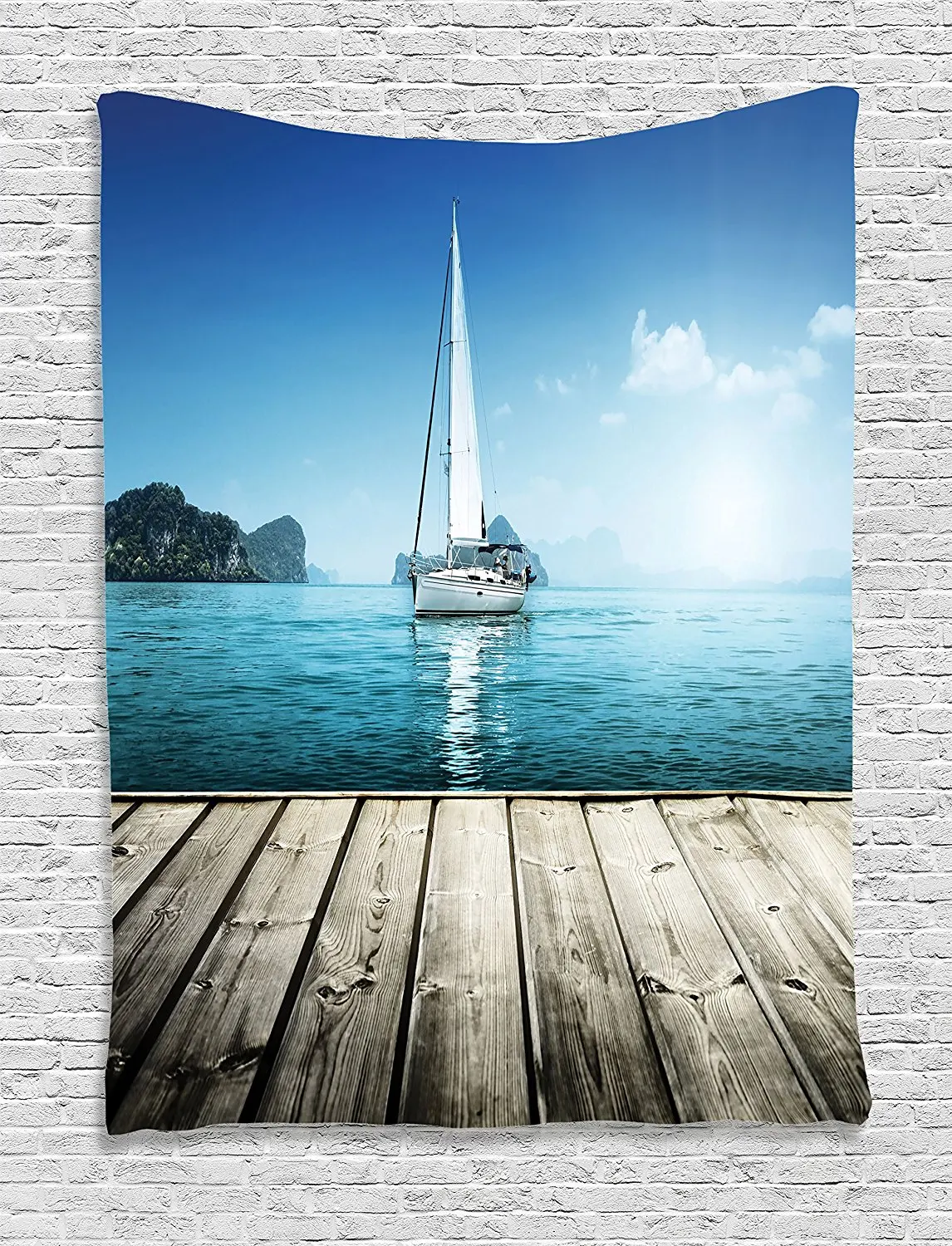 

Sailboat Nautical Decor Tapestry by Yacht From Wooden Deck Horizon Serene Seascape Leisure Aquatic Coastal Theme
