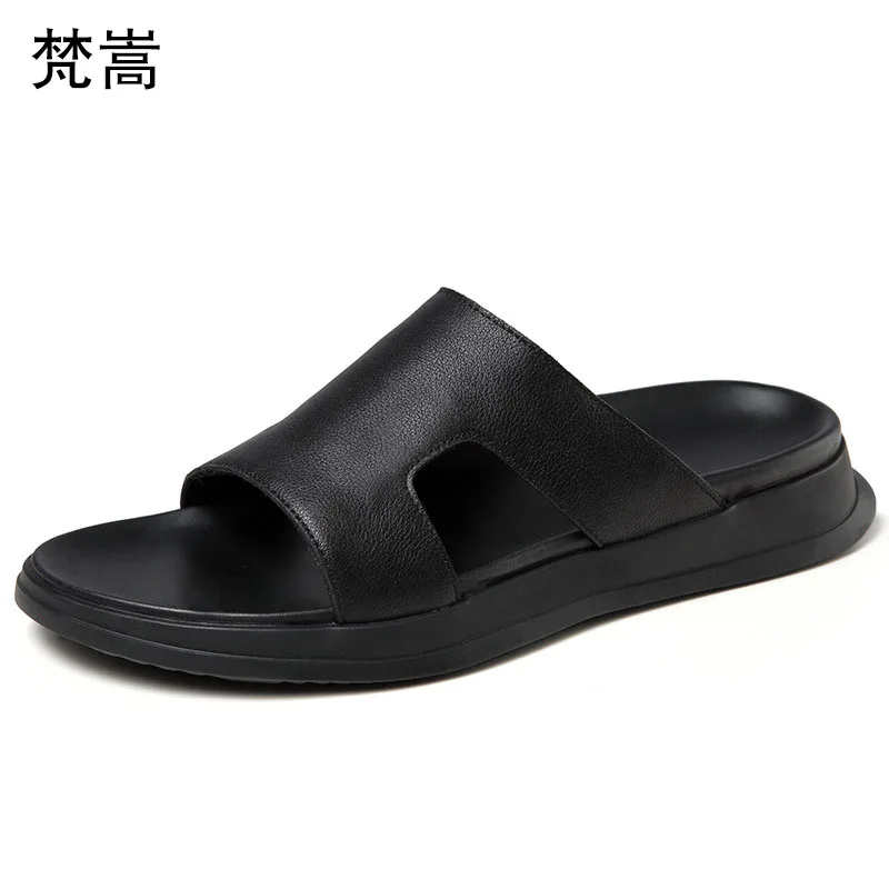 

One-word drag men outside summer anti-skid Sandals Personality Korean version fender summer men genuine leather slippers