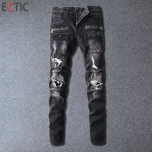 ECTIC Men fashion Pocket decoration Worn patch jeans sportsman casual pants black Street classic trend trousers