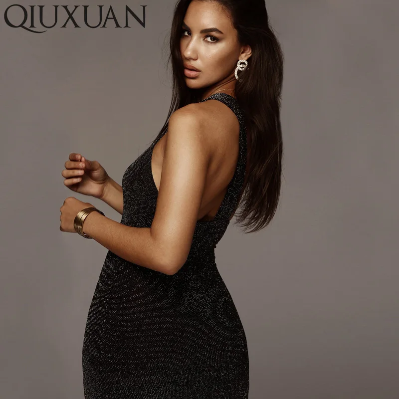 

Qiuxuan Fashion High-End Atmosphere One Shoulder Backless Sleeveless Slit Bright Spot Spring Summer Calf-Length Women Dress