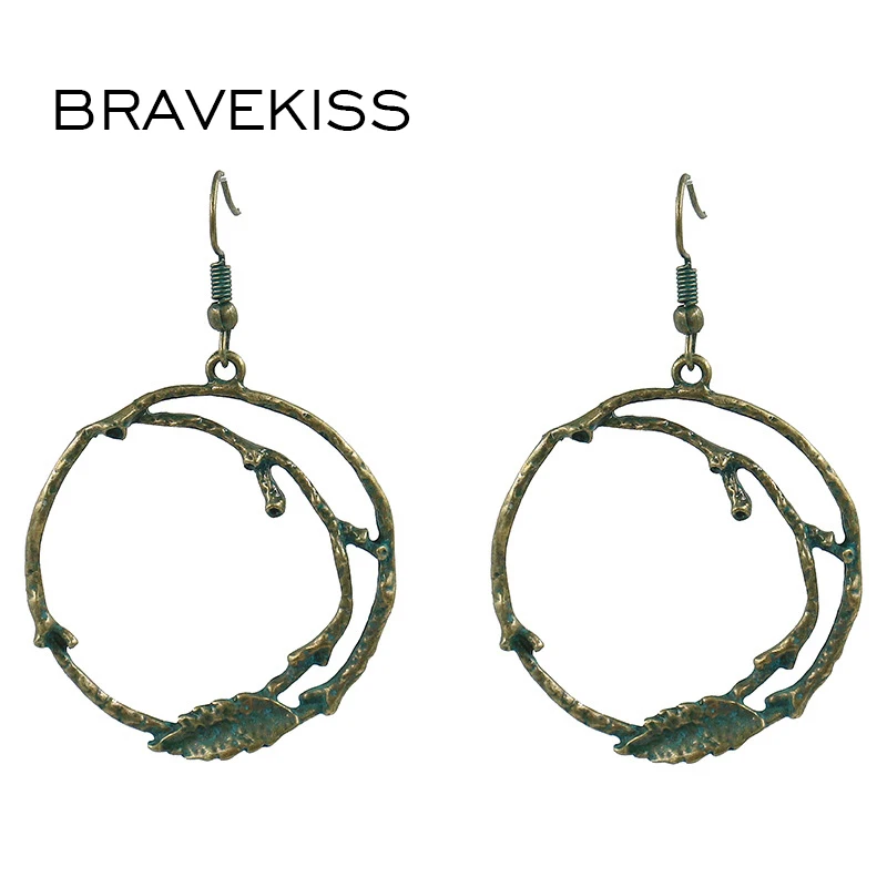 BRAVEKISS Trendy Fashion Retro Alloy Circle Leaf Statement Earrings for