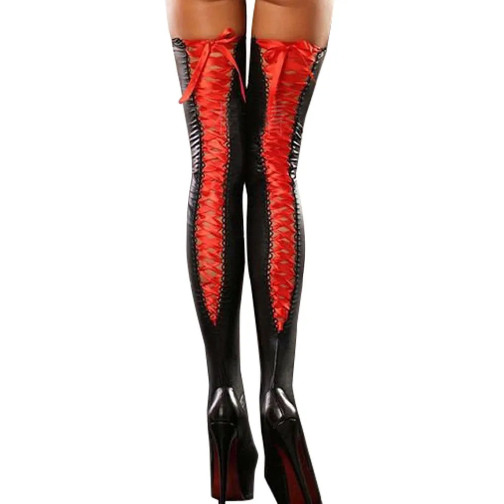 Новые модные сексуальные Клубные женские удобные чулки до бедра, кожаные кружевные длинные чулки с бантом, T4 - Цвет: Красный