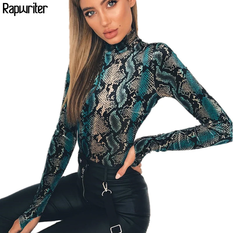 

Rapwriter Snakeskin Printed Turtleneck Skinny Bodysuits Women 2018 Fall Winter Long Sleeve Bodycon Open Crotch Sheer Bodysuit