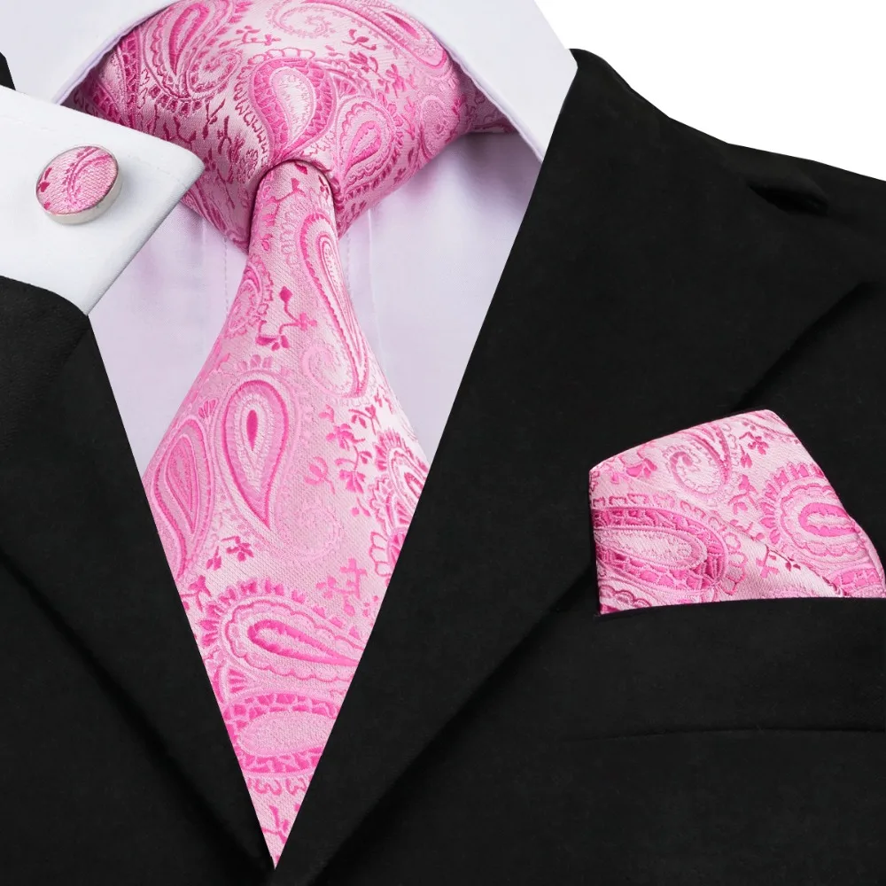 SN 379 Pink Paisley Tie Hanky Cufflinks Sets Men's 100 Silk Ties for