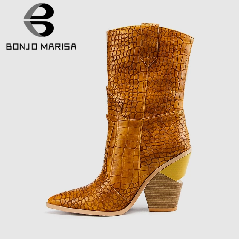 

BONJOMARISA 2019 Spring Autumn Luxury Brand New Women Mid-Calf Boots High Heels Ladies Runway Show Shoes Woman Plus Size 33-46