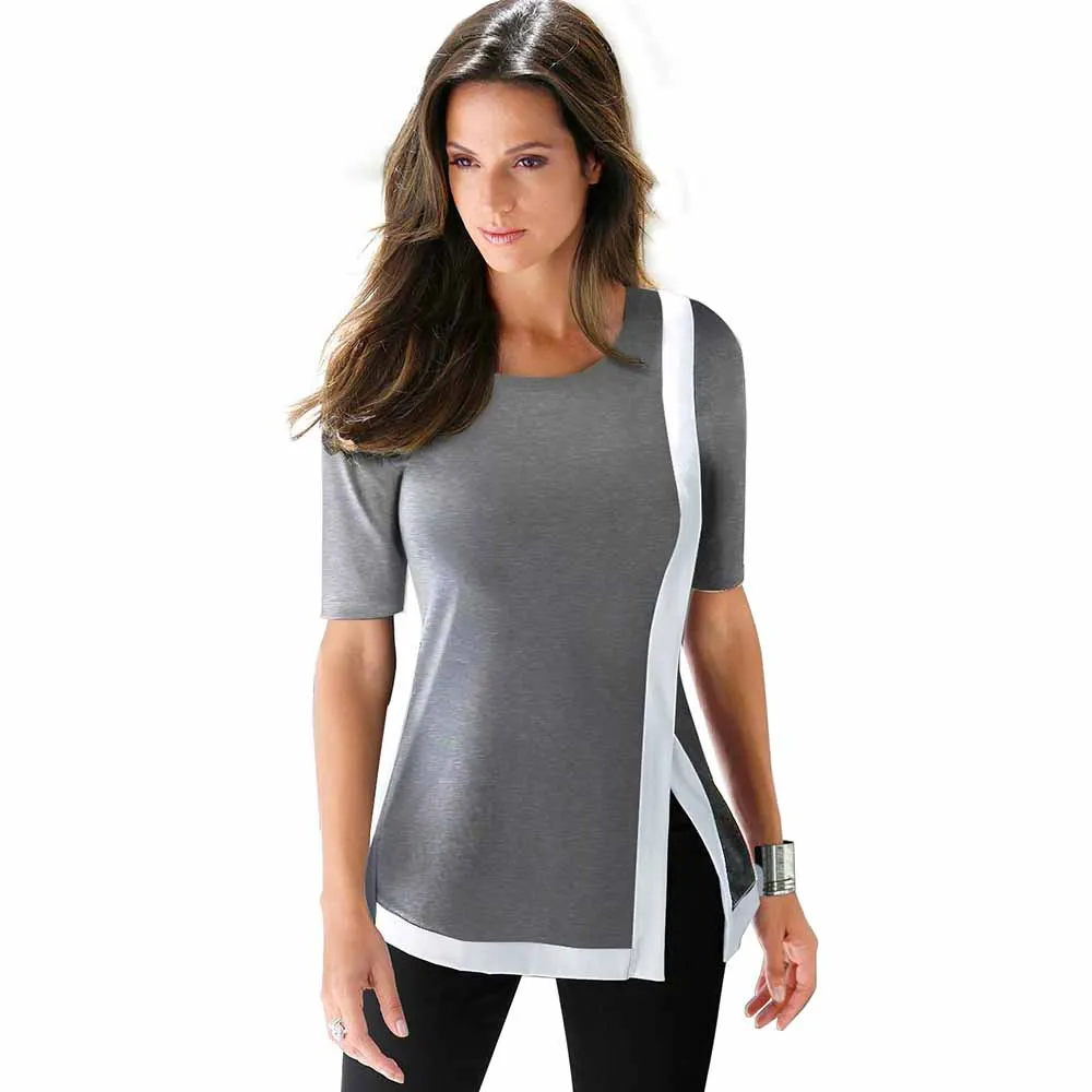 

Women Casual Patchwork Gray and Black O-Neck T-Shirt Summer Fashion Female Slim Split Basic Tops Tees ET040