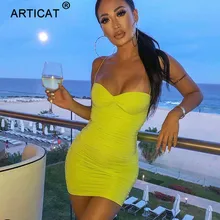 Articat Senza Spalline Increspato Bodycon Donne del Vestito Da Estate Della Cinghia di Spaghetti Sexy Del Vestito Da Partito Bianco Casual Pieghettato il Vestito Corto Abiti