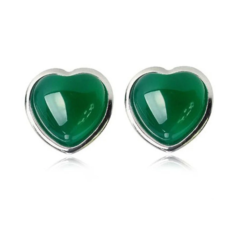 

100% Pure 925 Sterling Silver Stud Earrings With Agate Stone Sliver Heart Earrings