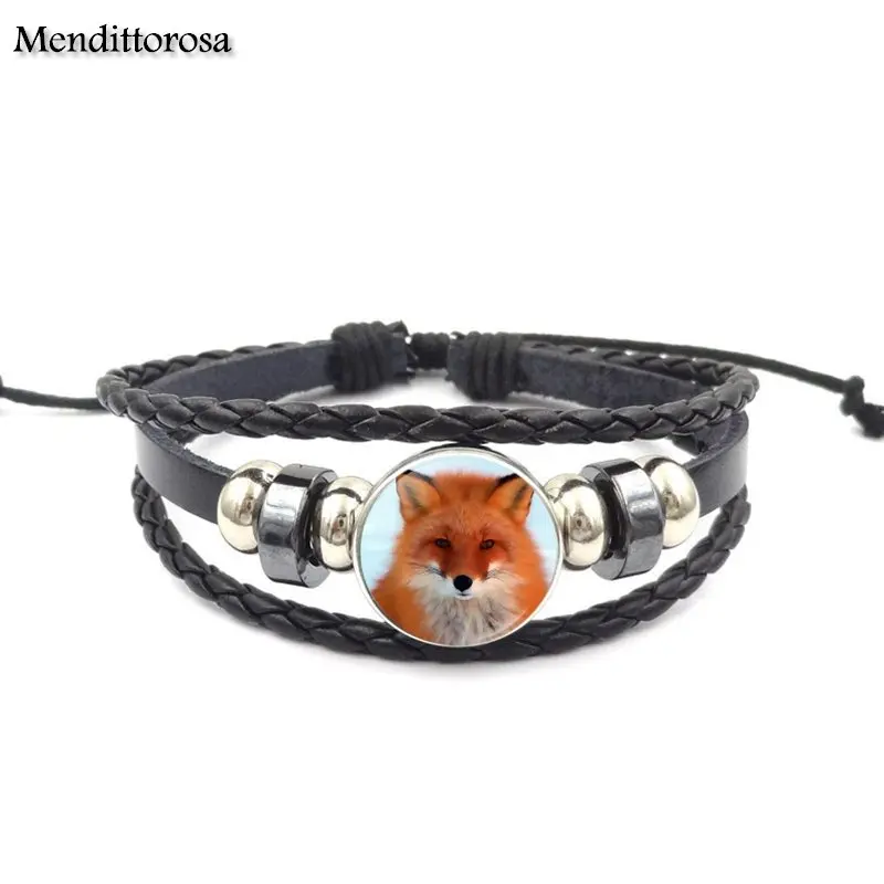 

Mendittorosa Rotate Fox Cheap Fashion Jewelry With Glass Cabochon Black Leather Bracelet Bangle For Women Gift
