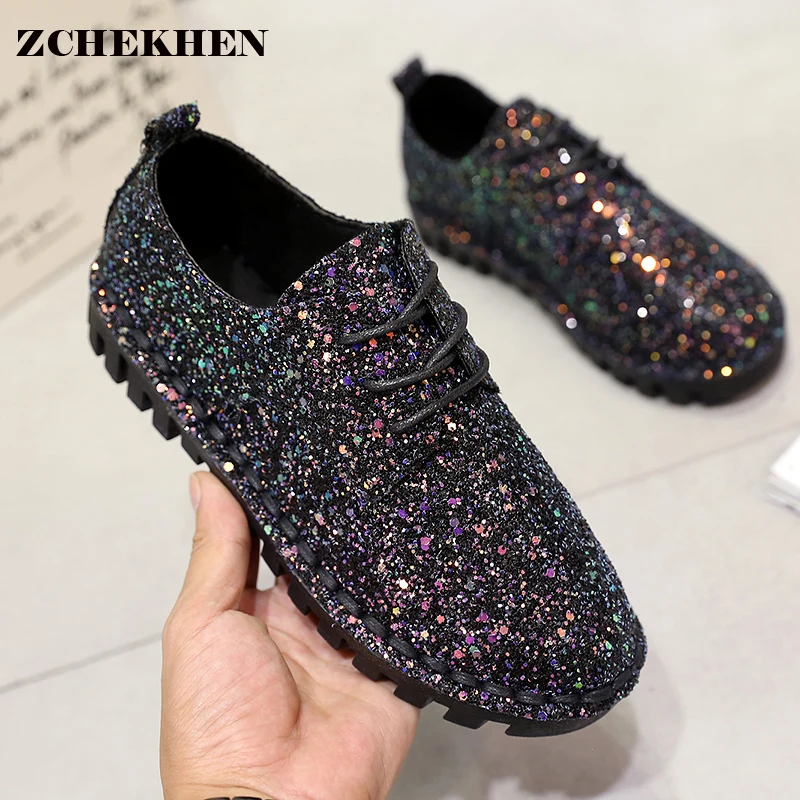 Autumn spring bling Sequins Single Shoes Flat Bottomed Lace up Shoes Leisure Women Shoes 2017 Fashion