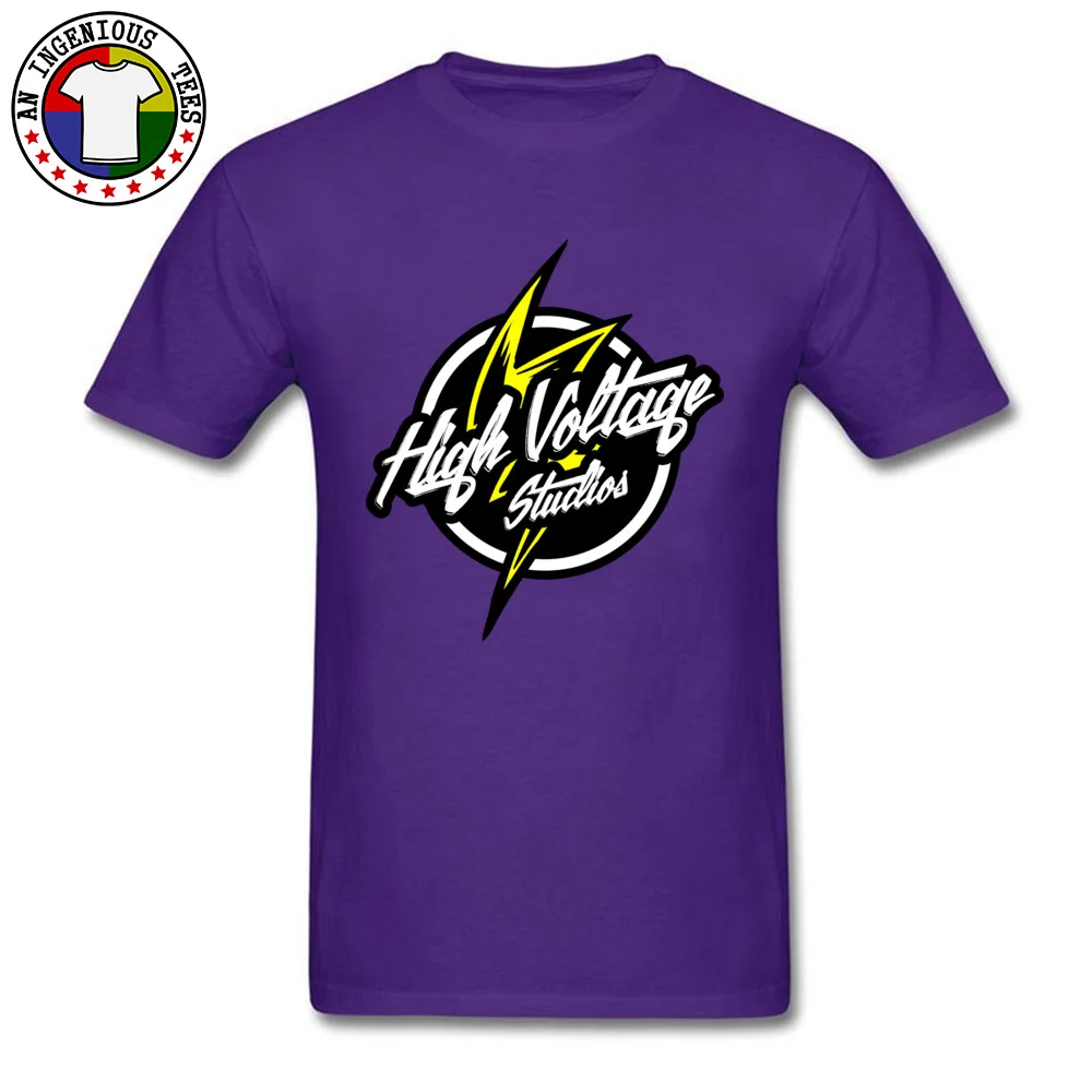 High Voltage Studios Logo O Neck T Shirts Summer/Fall Tops Shirts Short Sleeve 2018 Cotton Fabric Casual Tee Shirts Street Men High Voltage Studios Logo purple