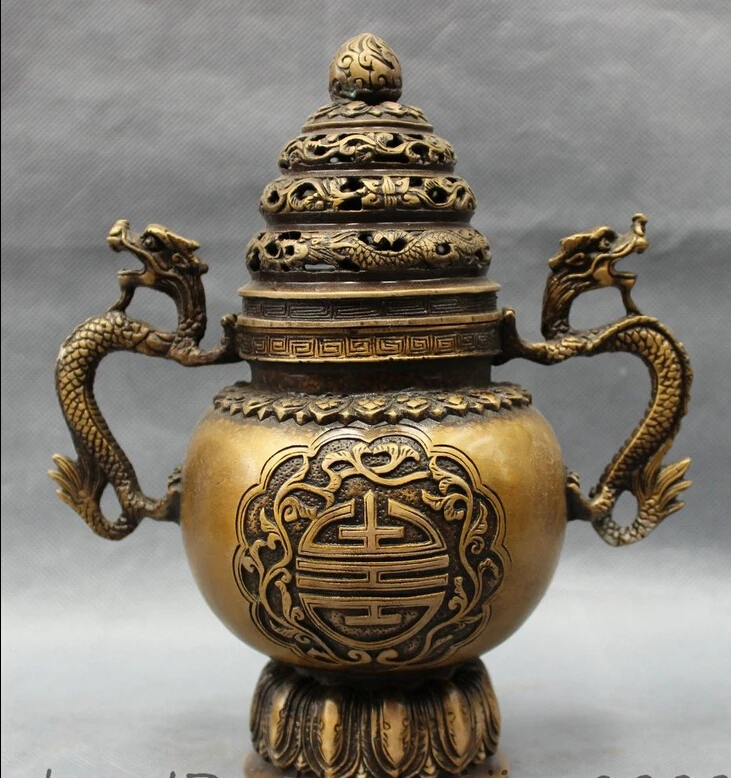 

shitou 001788 9" Tibet Bronze Buddhism Longevity Fly Dragon Head Statue Incense Burner Censer discount 30% (C0324)