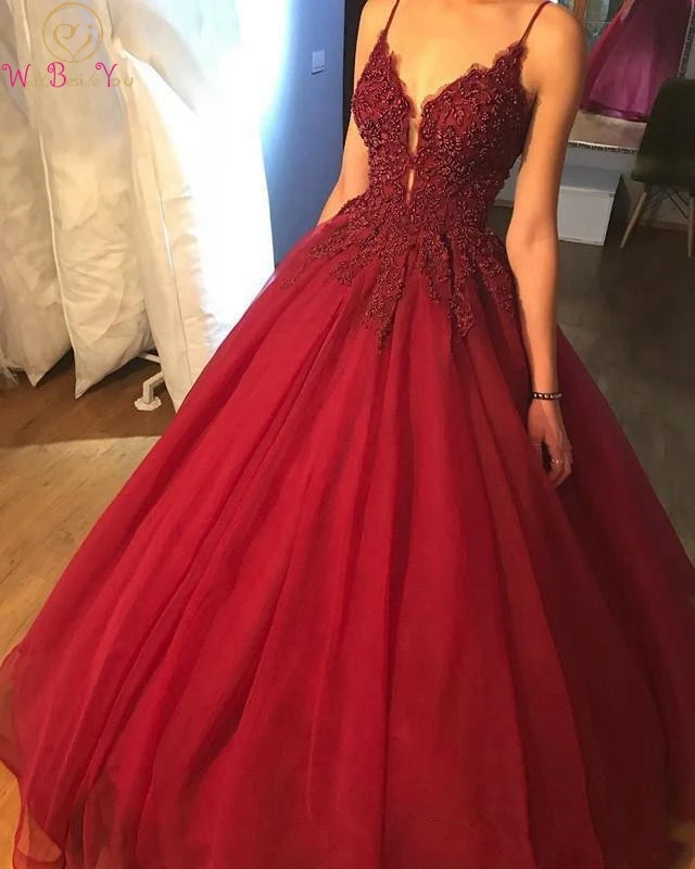 

Charming Prom Dresses Beading Ball Gown Spaghetti Straps Sexy Wine Red V-neck Puffy Tulle Evening Gowns Formal Long Party Dress