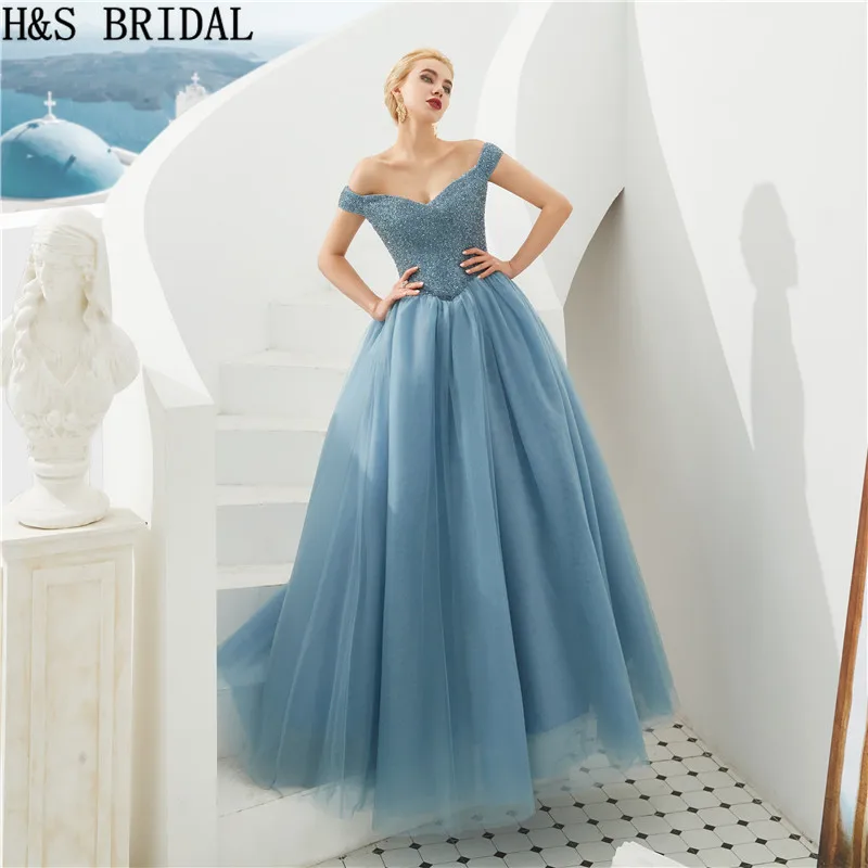 

H&S BRIDAL Blue Evening Dress Long Crystals Puffy Luxury Formal Dresses For Women robe de soiree 2019 Plus Size Prom Gown