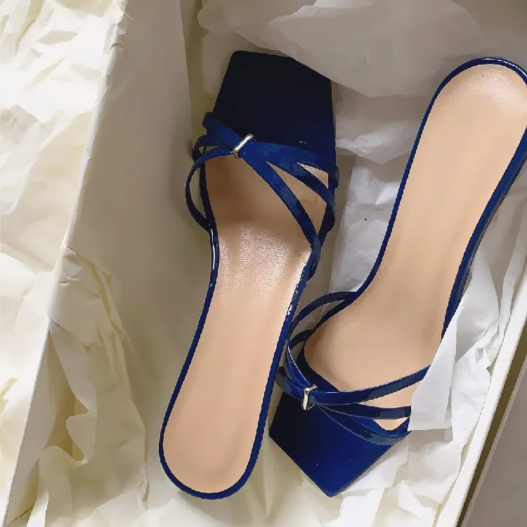 

2019 summer blue patent leather open toe square head stiletto ladies sandals and slippers kitten with slippers sandals women's