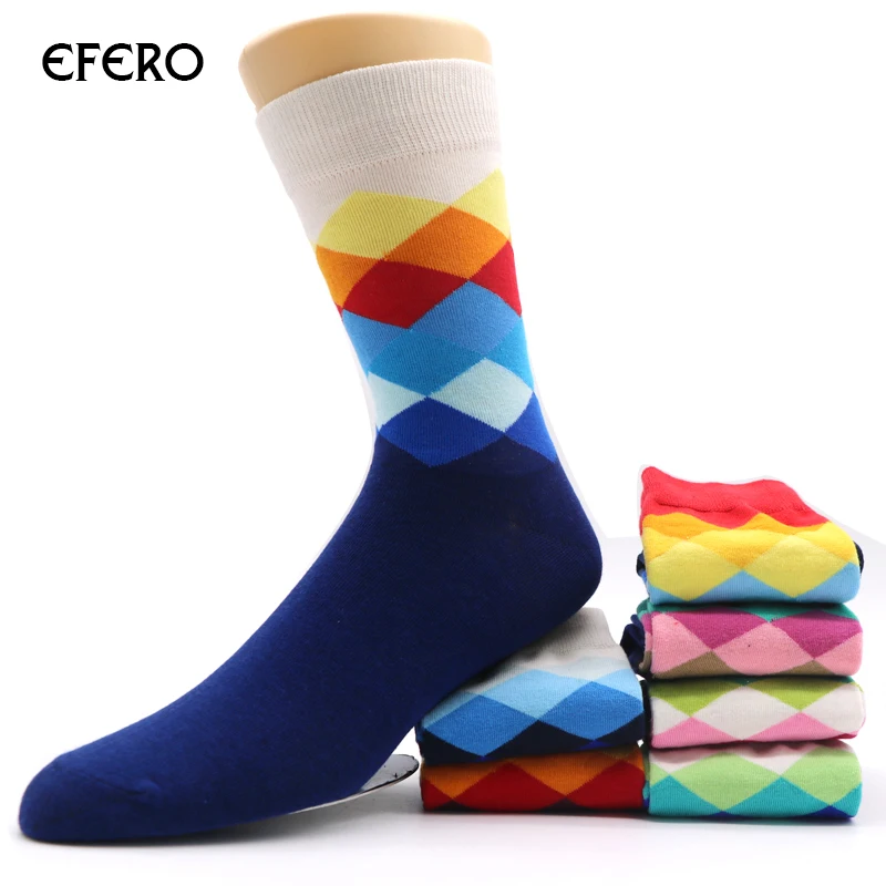 efero Cotton Sock for Men Autumn Winter Socks Warm Colorful Rhombus Pattern Socks Fashion Business Men Short Ankle Sock Funny