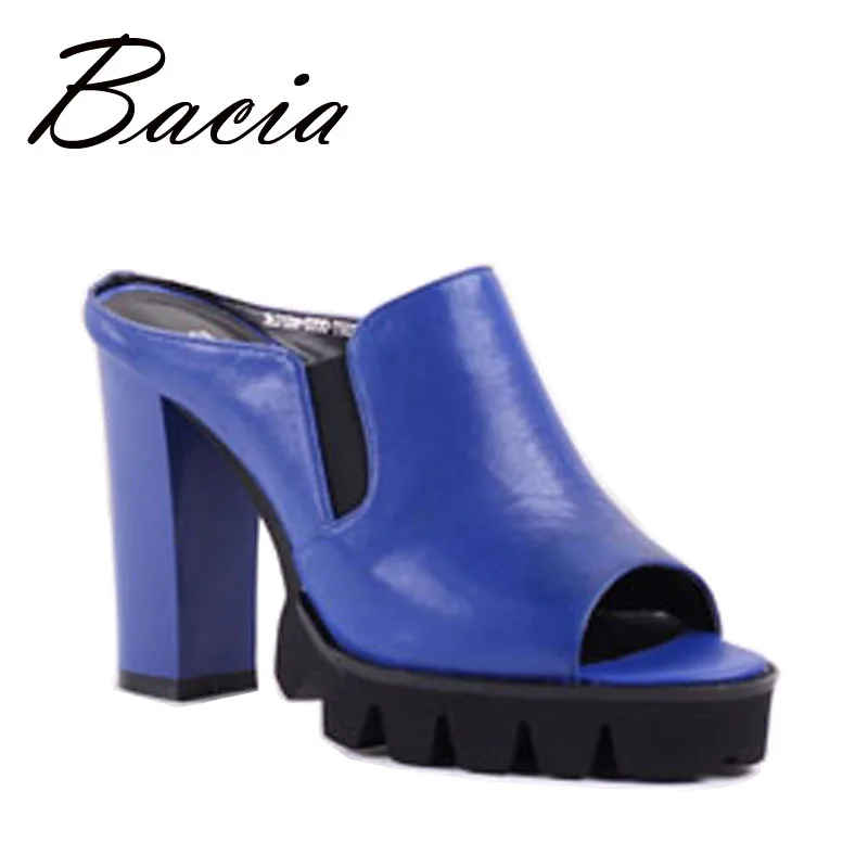 

Bacia 11cm High Heels Sheep Skin Slippers Open Toe Party Shoes Square heel With Platform Shoes High Quality Size 33-40 SA036