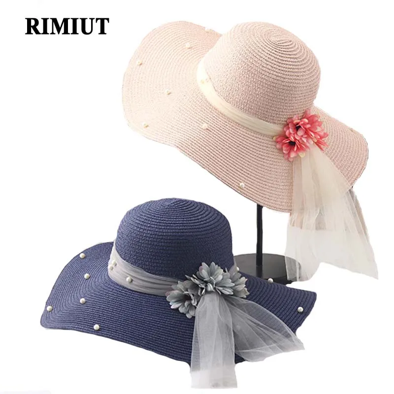 Rimiut Women Pearl Beading Flat Mesh Brimmed Straw Hat Shading Sun Hat