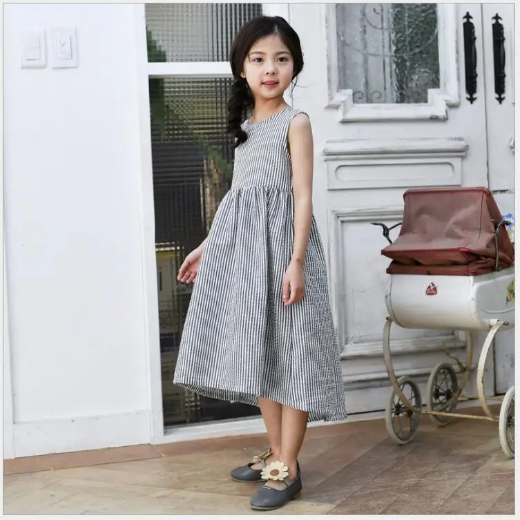 

Bohemian Teens girl Blue Whit Stripe Sleeveless Beach Holiday Dress loose backless dress causal large size outfit wholesale 5pcs