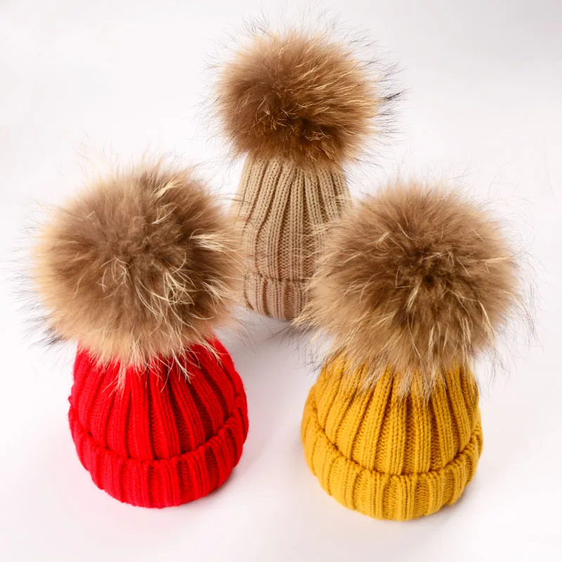 

New Hot Autumn Winter Warm Baby Hat For 1-12Yrs Knitted Wool Real Fur Children Caps Infant Girls Hemming Hat Beanies Accessories