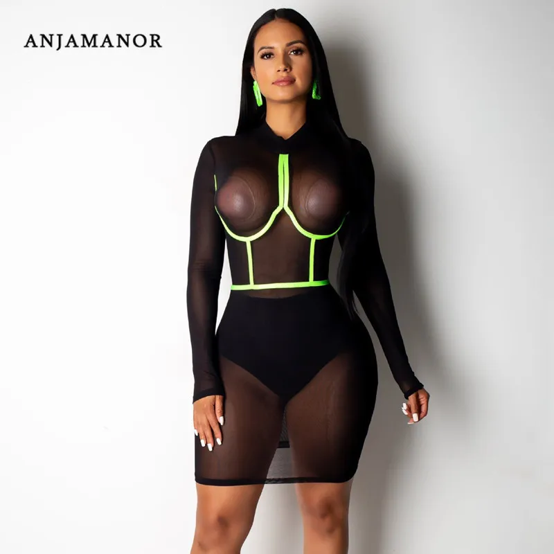 

ANJAMANOR Black Sheer Mesh Long Sleeve Bodycon Mini Dress Autumn Plus Size Sexy Dresses Party Night Club Dress 2019 D39-AA19
