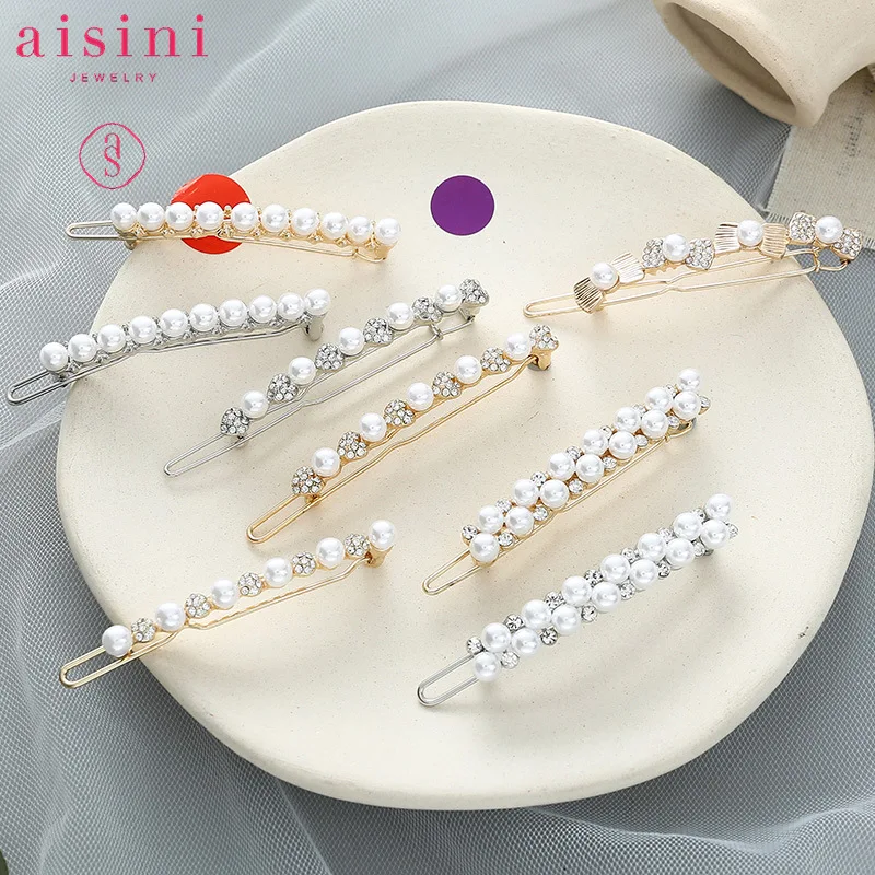 

2019 Korea Imitiation Pearl Flower Hairpins Vintage Long Barrettes Hair Clips Crystal Metal Hair Accessories Hairgrip