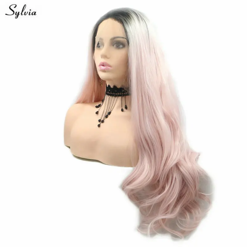 

Sylvia Dark Roots Pastel Pink Lace Front Wig For Lady Party High Temperature Fiber Wig Natural Wave Hair Glueless Drag Queen Wig