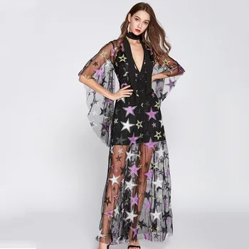 

V-neck Celebrity Gowns For Women Embroidery Star Evening Party Gown Celebrity Gowns Exquisite Mesh Maxi Dress Robe De Soiree