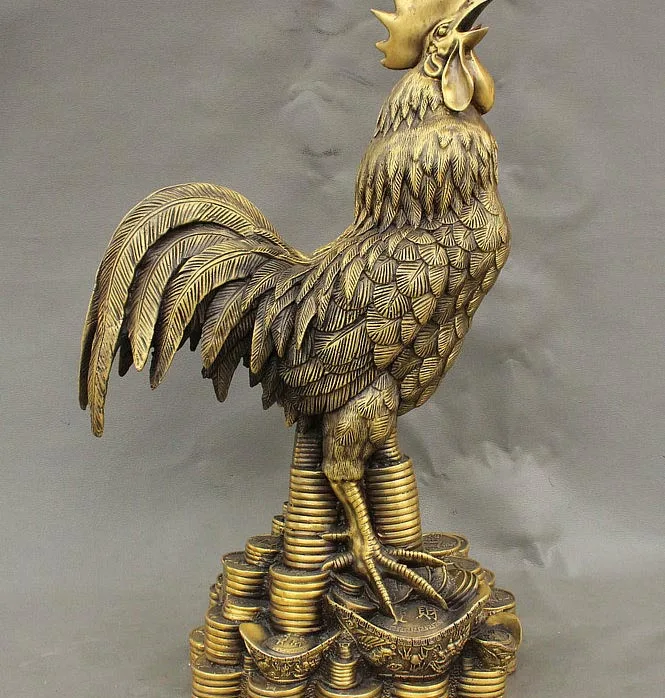 

19" China Fine Bronze Sculpture Zodiac Cock Rooster Stand Wealth Treasure Statue
