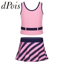 Детский купальник-танкини из 2 предметов для девочек, купальный костюм, женский плавательный костюм с полосатой юбкой с принтом, летний плавательный костюм