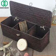 WHISM 3 Compartment Storage Box Wicker Rattan Basket With Cover Sundries Holder Case Container Jewelry Makeup Desktop Organizer