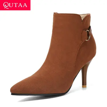 

QUTAA 2020 Fashion Metal Decoration Zipper Boots Sexy Pointed Toe Thin High Heel Ankle Boots Flock Winter Women Shoes Size 34-43