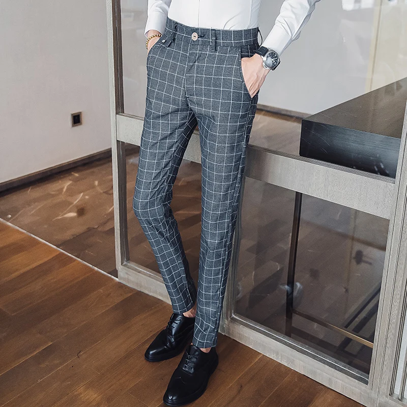 

Men Dress Pants Plaid Business Casual Slim Fit Pantalon A Carreau Homme Classic Vintage Check Suit Trousers Wedding Pants 38
