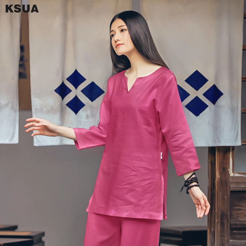 Linen Yoga Shirt Pants Loose Yoga Sportswear Set Zen Meditation